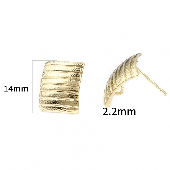 Picture of Zinc Based Alloy Ear Post Stud Earrings Findings Rectangle Gold Plated Stripe W/ Loop 14mm x 11mm, Post/ Wire Size: (21 gauge), 2 PCs