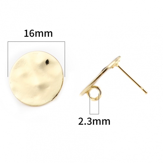 Picture of Zinc Based Alloy Ear Post Stud Earrings Findings Round Gold Plated W/ Loop 16mm Dia., Post/ Wire Size: (21 gauge), 2 PCs