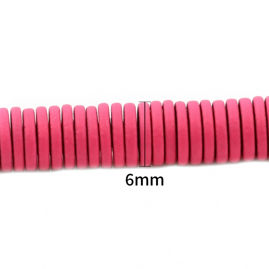 Picture of (Grade B) Hematite ( Natural ) Beads Heishi Beads Disc Beads Round Fuchsia Painted About 6mm Dia, Hole: Approx 1mm, 41cm(16 1/8") - 40.5cm(16") long, 1 Strand (Approx 340 PCs/Strand)