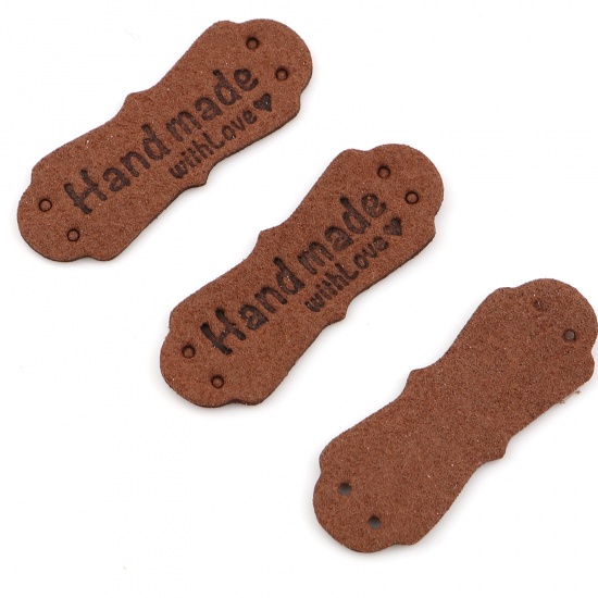 Picture of PU Leather Label Tags Irregular Dark Brown " Hand Made With Love " Faux Suede 40mm x 15mm , 20 PCs