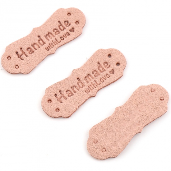 Picture of PU Leather Label Tags Irregular Pink " Hand Made With Love " Faux Suede 40mm x 15mm , 20 PCs