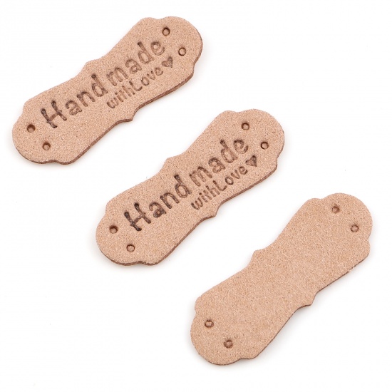 Picture of PU Leather Label Tags Irregular Deep Beige " Hand Made With Love " Faux Suede 40mm x 15mm , 20 PCs