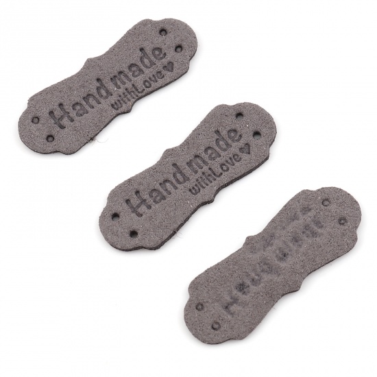 Picture of PU Leather Label Tags Irregular Gray " Hand Made With Love " Faux Suede 40mm x 15mm , 20 PCs