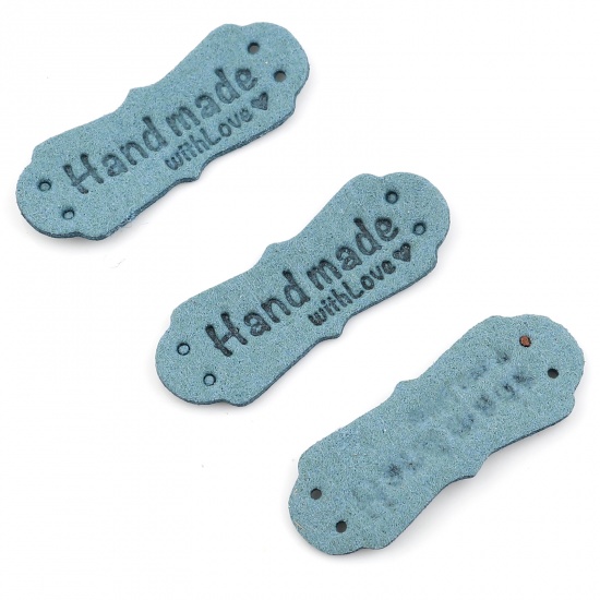 Picture of PU Leather Label Tags Irregular Blue " Hand Made With Love " Faux Suede 40mm x 15mm , 20 PCs