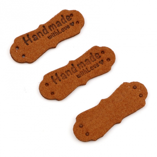 Picture of PU Leather Label Tags Irregular Brown " Hand Made With Love " Faux Suede 40mm x 15mm , 20 PCs