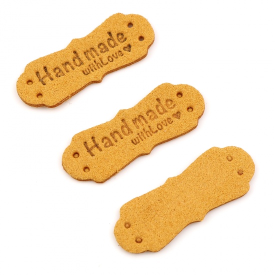 Picture of PU Leather Label Tags Irregular Yellow " Hand Made With Love " Faux Suede 40mm x 15mm , 20 PCs