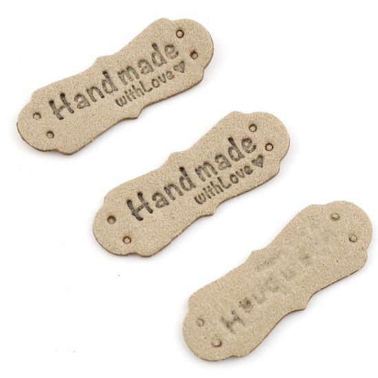 Picture of PU Leather Label Tags Irregular Sage Green " Hand Made With Love " Faux Suede 40mm x 15mm , 20 PCs