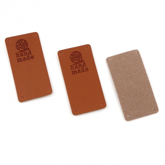 Picture of PU Leather Label Tags Rectangle Brown " Hand Made " 50mm x 25mm , 50 PCs
