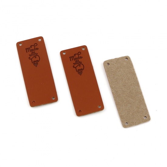 Picture of PU Leather Label Tags Rectangle Brown HeartPattern " Hand Made With Love " 50mm x 20mm , 50 PCs