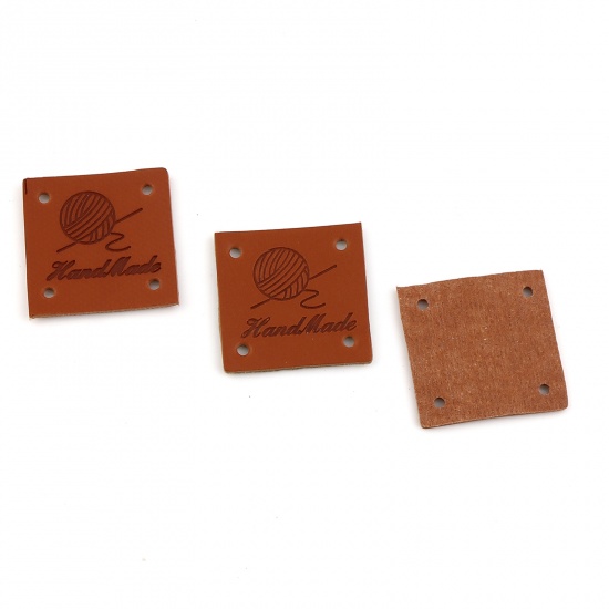 Picture of PU Leather Label Tags Square Brown " Hand Made " 25mm x 25mm , 50 PCs