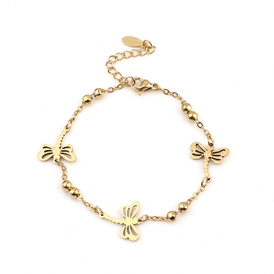Picture of 1 Piece Vacuum Plating Stainless Steel Insect Bracelets Gold Plated Dragonfly Animal 21cm(8 2/8") long