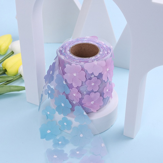 Picture of Polyester Webbing Strap Light Blue & Purple Flower 8cm, 1 Roll (Approx 10 Yards/Roll)