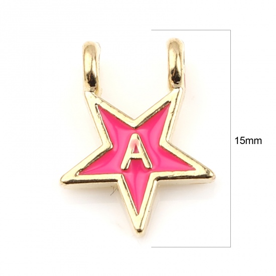 Picture of Zinc Based Alloy Charms Star Gold Plated Neon Pink Initial Alphabet/ Capital Letter Message " A " Enamel 15mm x 11mm, 10 PCs