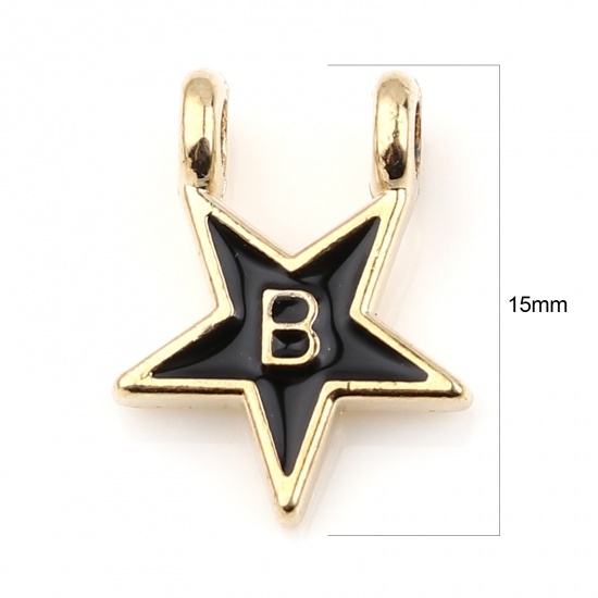 Picture of Zinc Based Alloy Charms Star Gold Plated Black Initial Alphabet/ Capital Letter Message " B " Enamel 15mm x 11mm, 10 PCs