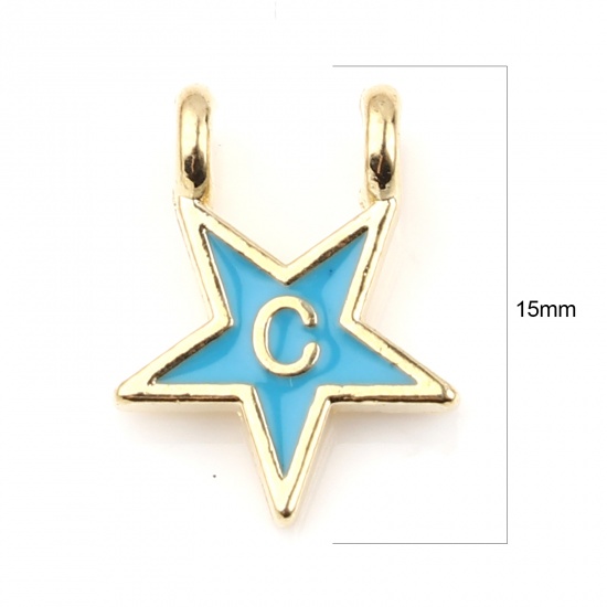 Picture of Zinc Based Alloy Charms Star Gold Plated Blue Initial Alphabet/ Capital Letter Message " C " Enamel 15mm x 11mm, 10 PCs