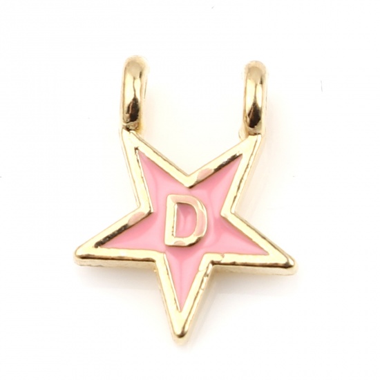 Picture of Zinc Based Alloy Charms Star Gold Plated Pink Initial Alphabet/ Capital Letter Message " D " Enamel 15mm x 11mm, 10 PCs