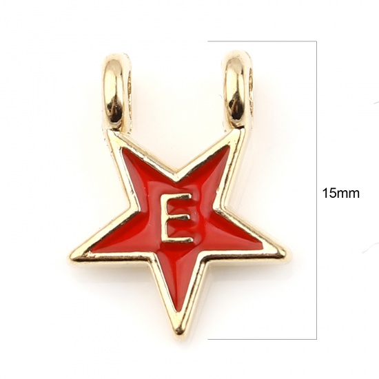 Изображение Цинковый Сплав Подвески Звезда Позолоченный Красный Заглавная буква Сообщение " E " С Эмалью 15мм x 11мм, 10 ШТ