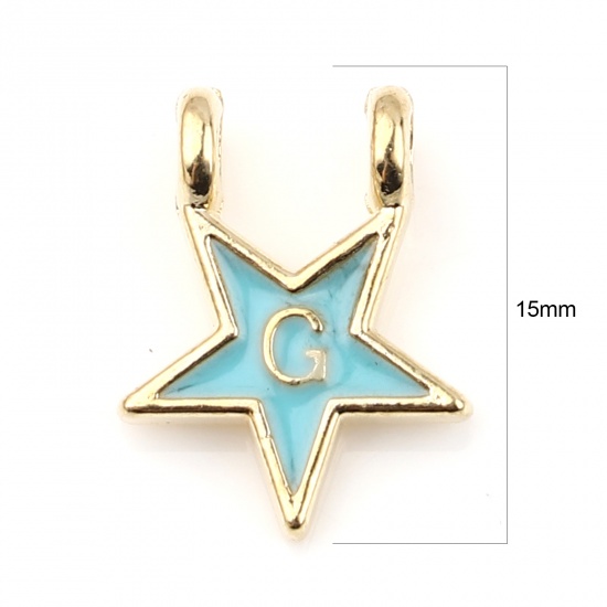 Picture of Zinc Based Alloy Charms Star Gold Plated Light Blue Initial Alphabet/ Capital Letter Message " G " Enamel 15mm x 11mm, 10 PCs