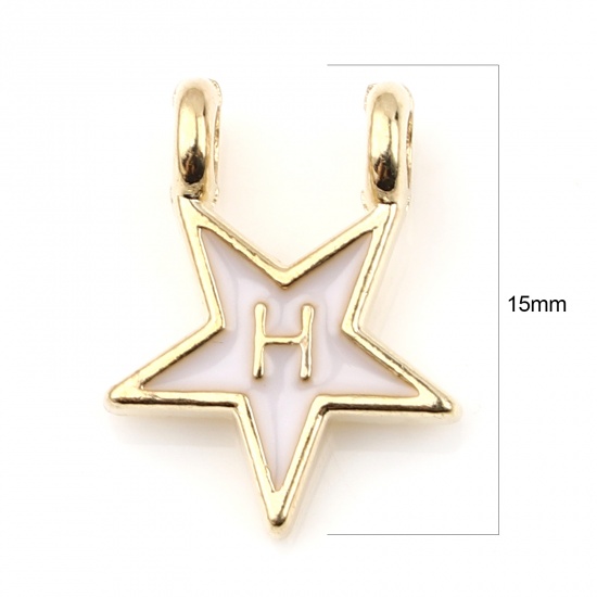 Picture of Zinc Based Alloy Charms Star Gold Plated White Initial Alphabet/ Capital Letter Message " H " Enamel 15mm x 11mm, 10 PCs