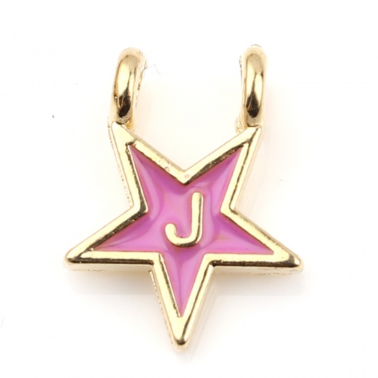 Picture of Zinc Based Alloy Charms Star Gold Plated Pale Lilac Initial Alphabet/ Capital Letter Message " J " Enamel 15mm x 11mm, 10 PCs