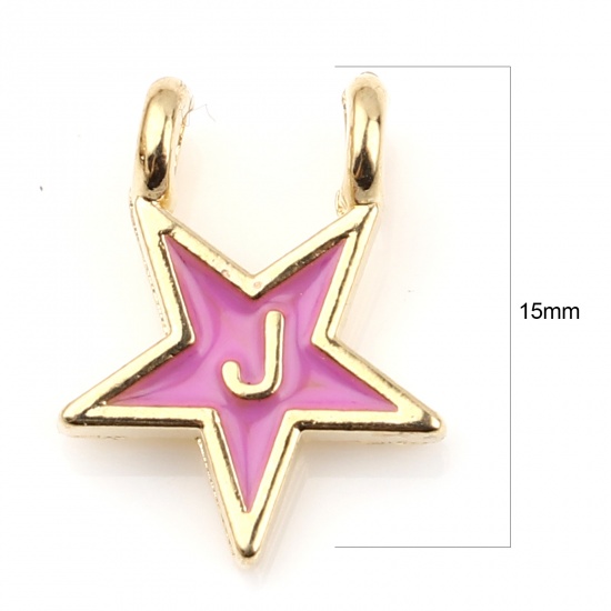 Picture of Zinc Based Alloy Charms Star Gold Plated Pale Lilac Initial Alphabet/ Capital Letter Message " J " Enamel 15mm x 11mm, 10 PCs