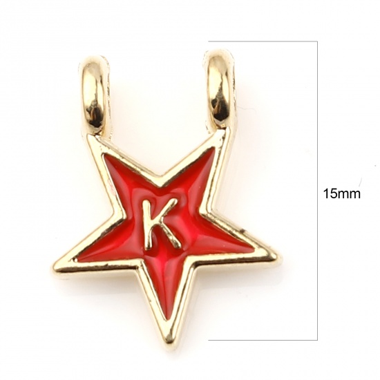 Picture of Zinc Based Alloy Charms Star Gold Plated Red Initial Alphabet/ Capital Letter Message " K " Enamel 15mm x 11mm, 10 PCs