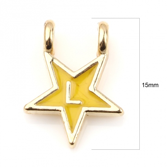 Picture of Zinc Based Alloy Charms Star Gold Plated Yellow Initial Alphabet/ Capital Letter Message " L " Enamel 15mm x 11mm, 10 PCs