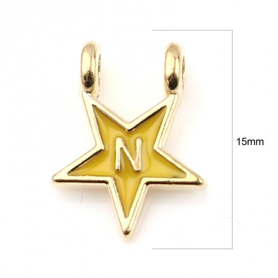 Picture of Zinc Based Alloy Charms Star Gold Plated Yellow Initial Alphabet/ Capital Letter Message " N " Enamel 15mm x 11mm, 10 PCs