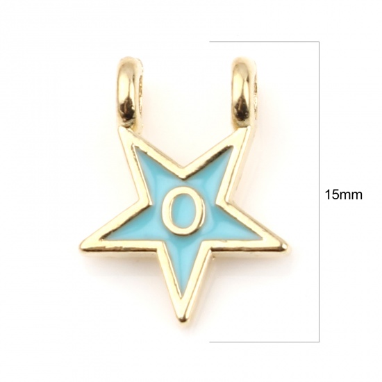 Picture of Zinc Based Alloy Charms Star Gold Plated Light Blue Initial Alphabet/ Capital Letter Message " O " Enamel 15mm x 11mm, 10 PCs