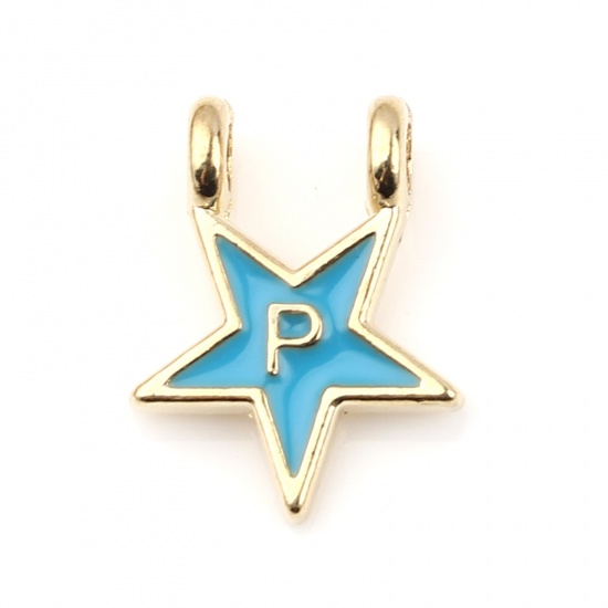 Picture of Zinc Based Alloy Charms Star Gold Plated Blue Initial Alphabet/ Capital Letter Message " P " Enamel 15mm x 11mm, 10 PCs