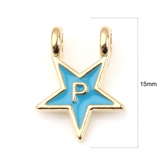 Picture of Zinc Based Alloy Charms Star Gold Plated Blue Initial Alphabet/ Capital Letter Message " P " Enamel 15mm x 11mm, 10 PCs