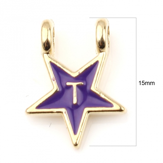 Picture of Zinc Based Alloy Charms Star Gold Plated Blue Violet Initial Alphabet/ Capital Letter Message " T " Enamel 15mm x 11mm, 10 PCs