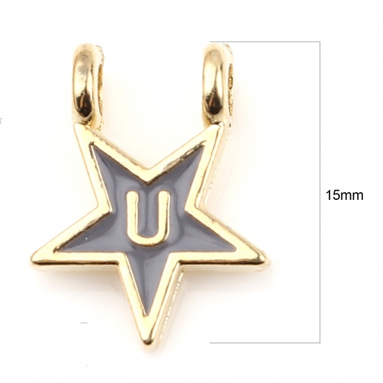 Picture of Zinc Based Alloy Charms Star Gold Plated Gray Initial Alphabet/ Capital Letter Message " U " Enamel 15mm x 11mm, 10 PCs