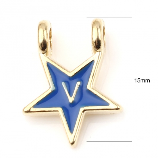 Picture of Zinc Based Alloy Charms Star Gold Plated Dark Blue Initial Alphabet/ Capital Letter Message " V " Enamel 15mm x 11mm, 10 PCs