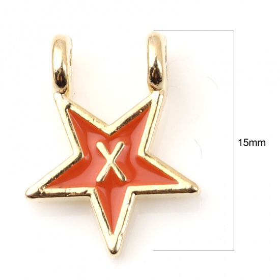Picture of Zinc Based Alloy Charms Star Gold Plated Orange Initial Alphabet/ Capital Letter Message " X " Enamel 15mm x 11mm, 10 PCs