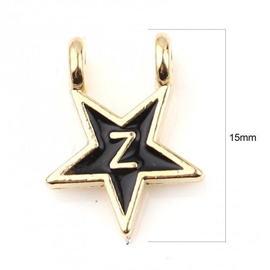 Picture of Zinc Based Alloy Charms Star Gold Plated Black Initial Alphabet/ Capital Letter Message " Z " Enamel 15mm x 11mm, 10 PCs