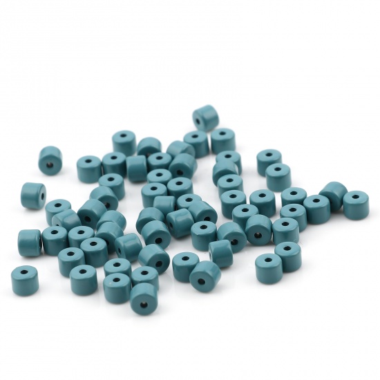 Immagine di Lega di Zinco Smalto Perline Cilindrico Blu Chiaro Circa 5mm x 4mm, Foro:Circa 1.2mm, 20 Pz