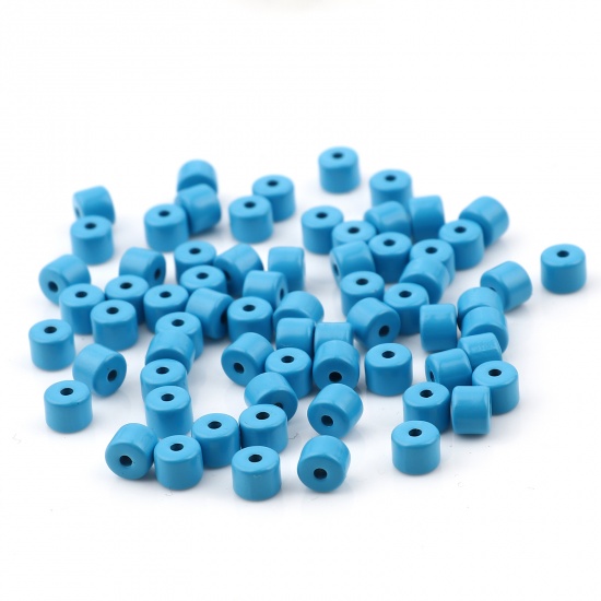 Immagine di Lega di Zinco Smalto Perline Cilindrico Azzurro Circa 5mm x 4mm, Foro:Circa 1.2mm, 20 Pz