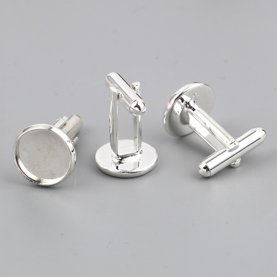 Picture of Brass Cuff Links Silver Plated Round Rotatable Cabochon Settings (Fit 12mm Dia.) 26mm x 14mm, 5 PCs                                                                                                                                                           