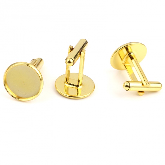 Picture of Brass Cuff Links Gold Plated Round Rotatable Cabochon Settings (Fit 14mm Dia.) 26mm x 16mm, 5 PCs                                                                                                                                                             