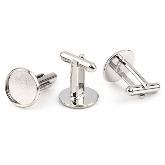 Picture of Brass Cuff Links Silver Tone Round Rotatable Cabochon Settings (Fit 14mm Dia.) 26mm x 16mm, 5 PCs                                                                                                                                                             