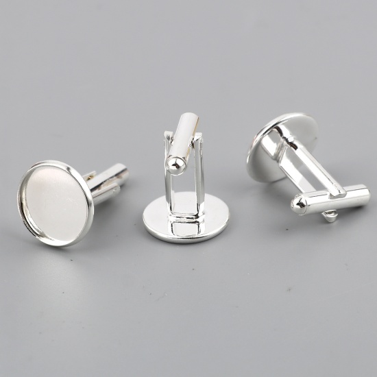 Picture of Brass Cuff Links Silver Plated Round Rotatable Cabochon Settings (Fit 14mm Dia.) 26mm x 16mm, 5 PCs                                                                                                                                                           