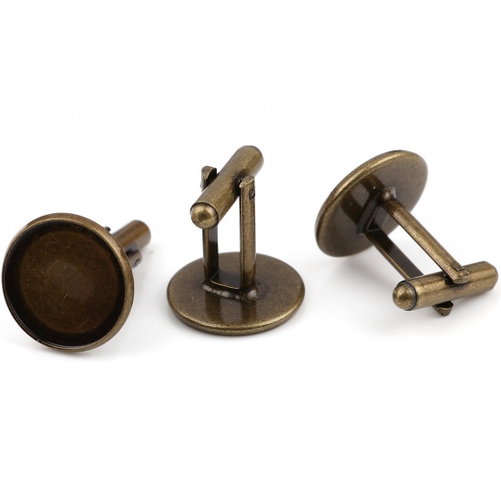 Picture of Brass Cuff Links Antique Bronze Round Rotatable Cabochon Settings (Fit 16mm Dia.) 26mm x 18mm, 5 PCs                                                                                                                                                          