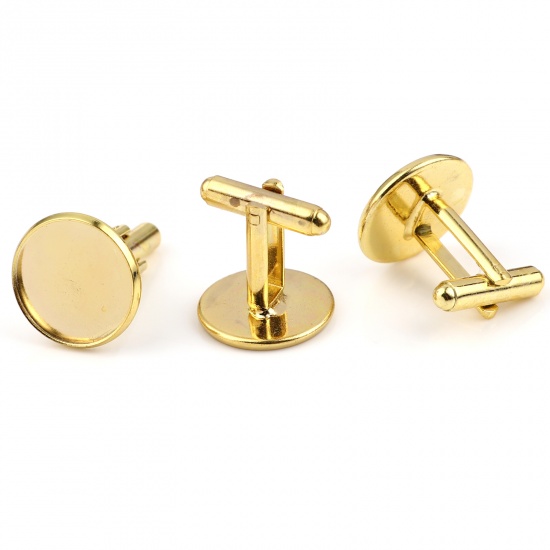 Picture of Brass Cuff Links Gold Plated Round Rotatable Cabochon Settings (Fit 16mm Dia.) 26mm x 18mm, 5 PCs                                                                                                                                                             