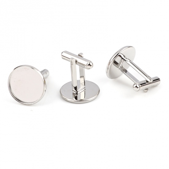 Picture of Brass Cuff Links Silver Tone Round Rotatable Cabochon Settings (Fit 16mm Dia.) 26mm x 18mm, 5 PCs                                                                                                                                                             