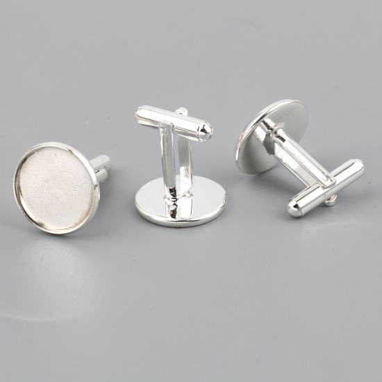 Picture of Brass Cuff Links Silver Plated Round Rotatable Cabochon Settings (Fit 16mm Dia.) 26mm x 18mm, 5 PCs                                                                                                                                                           