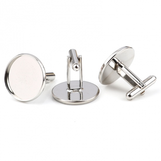 Picture of Brass Cuff Links Silver Tone Round Rotatable Cabochon Settings (Fit 20mm Dia.) 26mm x 22mm, 5 PCs                                                                                                                                                             