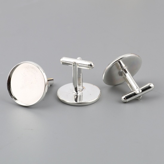 Picture of Brass Cuff Links Silver Plated Round Rotatable Cabochon Settings (Fit 20mm Dia.) 26mm x 22mm, 5 PCs                                                                                                                                                           