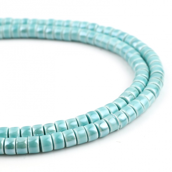Picture of Ceramic Beads Heishi Beads Disc Beads Cylinder Cyan About 6mm x 4mm, Hole: Approx 2mm, 34.5cm(13 5/8") - 34cm(13 3/8") long, 1 Strand (Approx 80 PCs/Strand)