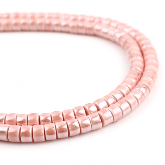 Immagine di Ceramica Diatanziale Perline Cilindrico Rosa Pesca Circa 6mm x 4mm, Foro: Circa 2mm, lunghezza: 34.5cm - 34cm 1 Filo （Circa 80 Pezzi/Treccia)